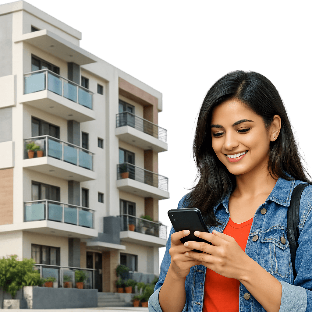 Modern Indian PG home with a person searching on their phone