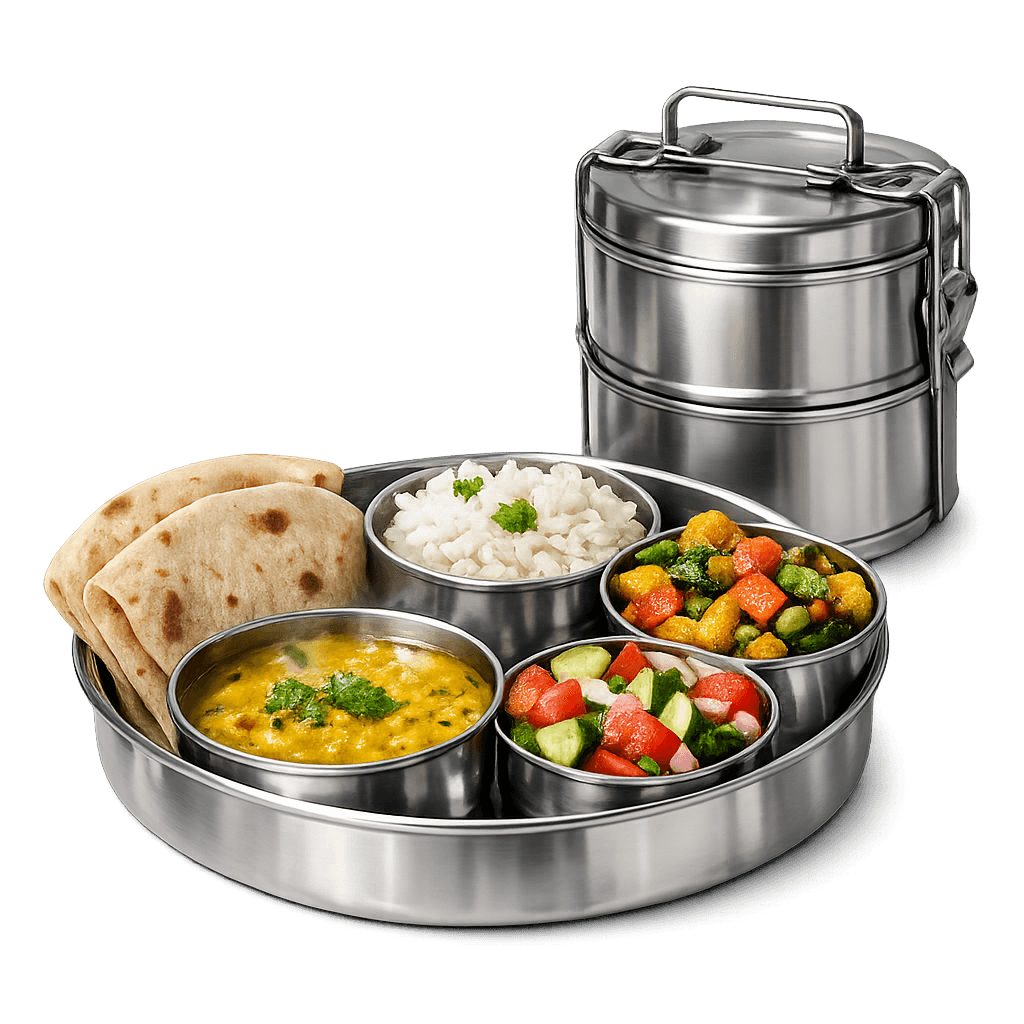 Fresh stainless-steel Indian tiffin with roti, dal, rice, vegetables and salad